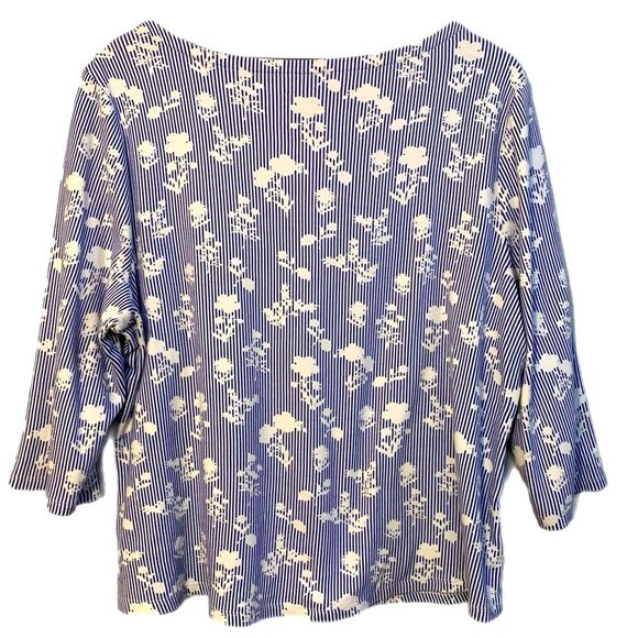 CHARTER CLUB Floral Striped Women's Boatneck 3/4 Sleeve Top - Blue White. - Picture 2 of 9
